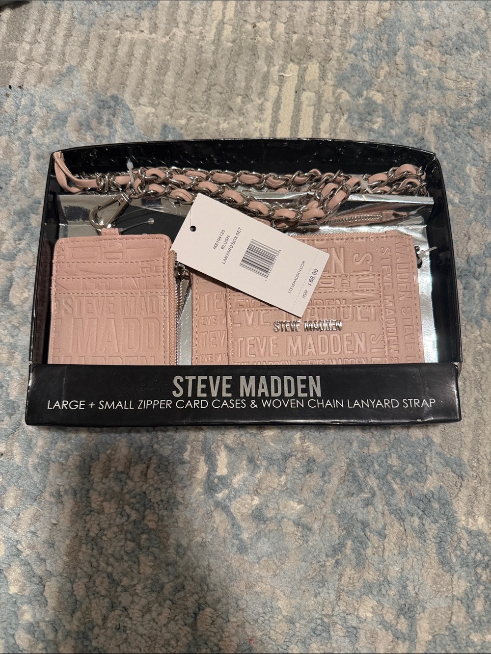 Steve Madden Pink Card Case Duo with Woven Chain Lanyard
